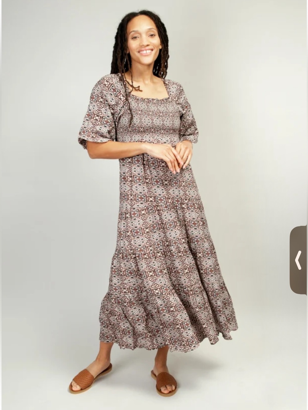 Noonday Collection Brown & Cream Geometric Smocked Maxi Bagru Dress